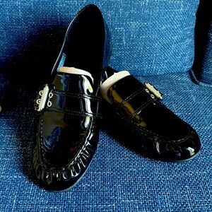 UGG Black Patent Leather Loafers with Gold Buckle